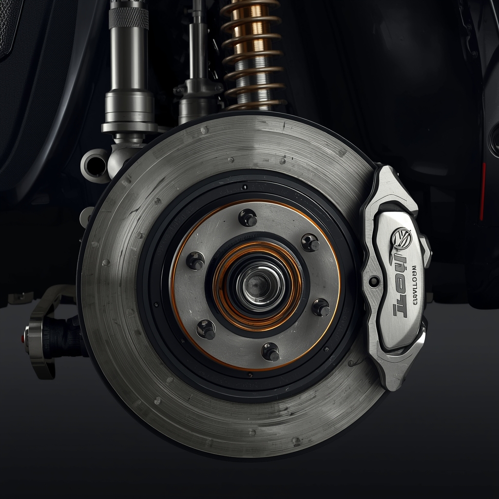 Abstract shot of car suspension parts and brake calipers, metallic textures, studio lighting